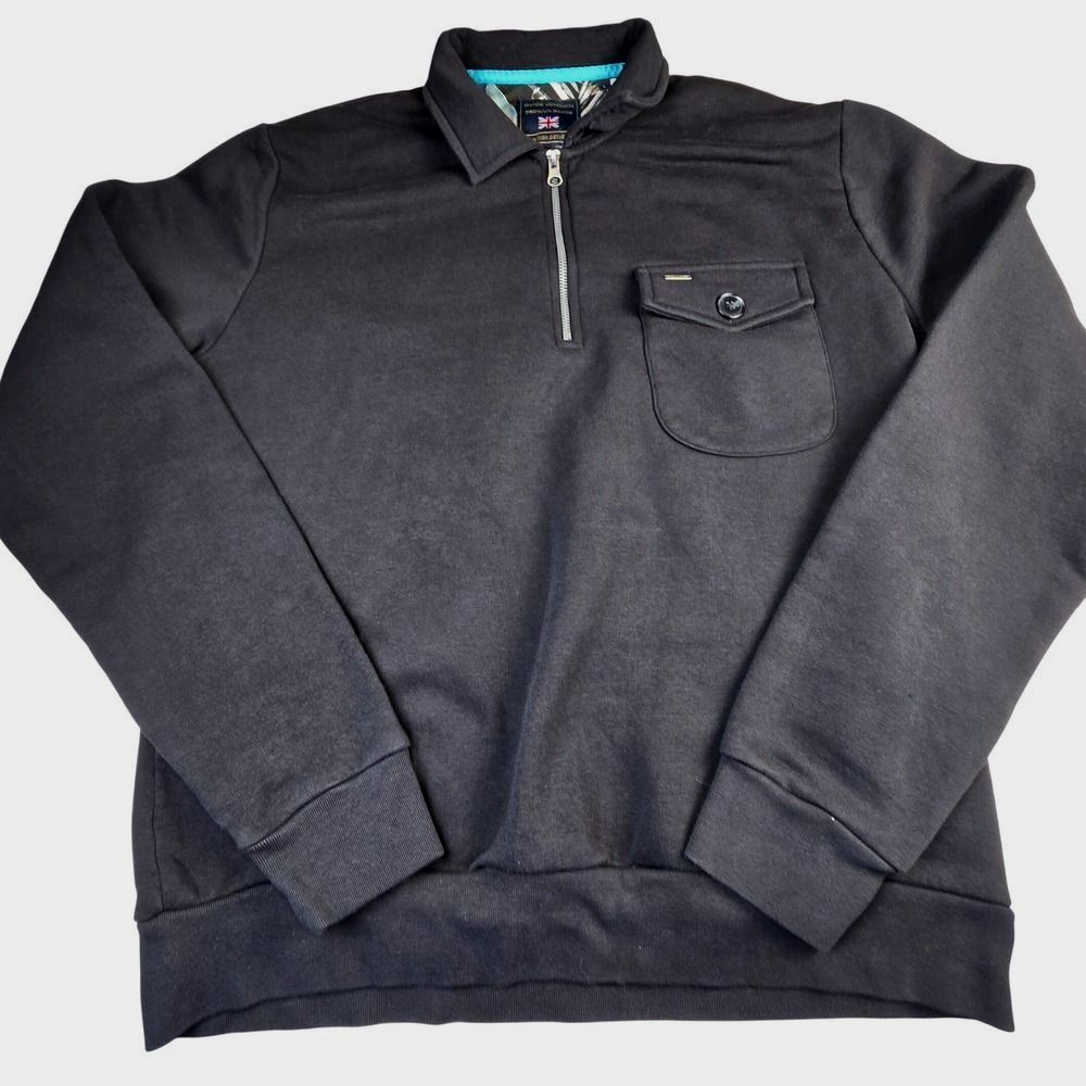 Guide London Mens L Quarter Zip Pullover Sweatshirt Black‎ Floral Trim Pocket